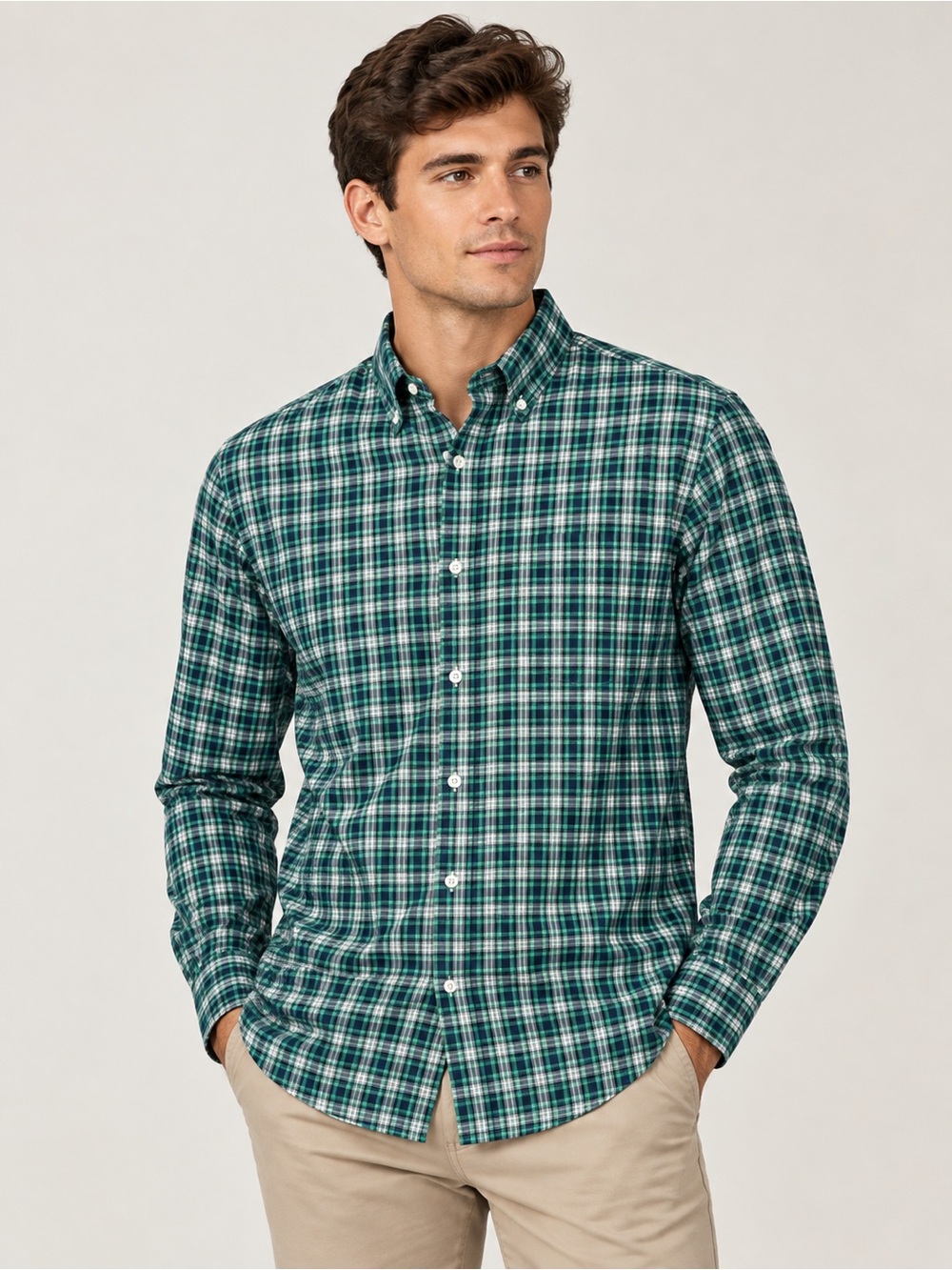 Izod Green and White Plaid Button-Down Shirt